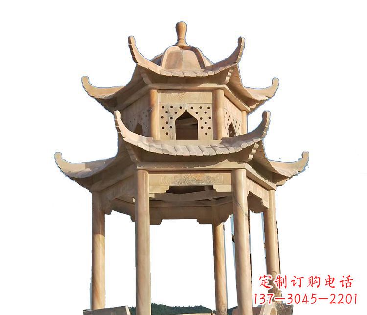大同双层晚霞红凉亭石雕 (2)