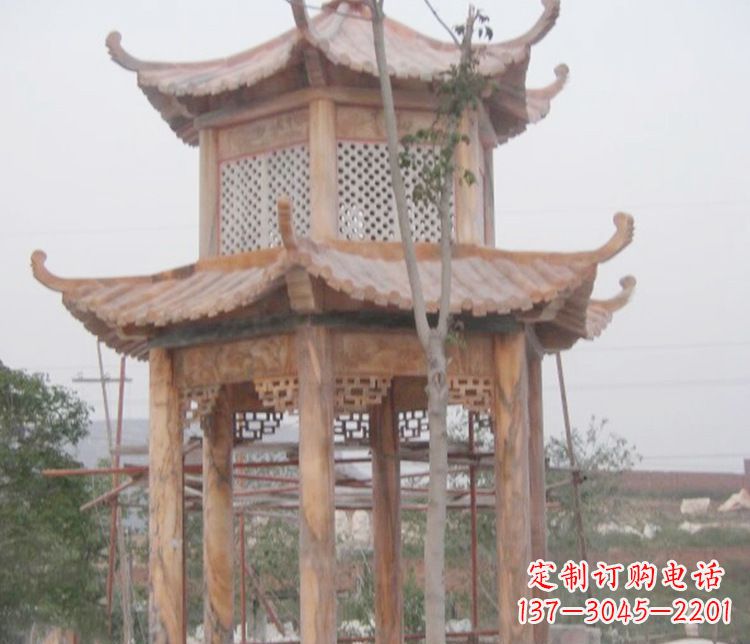 大同双层晚霞红石凉亭石雕 (2)