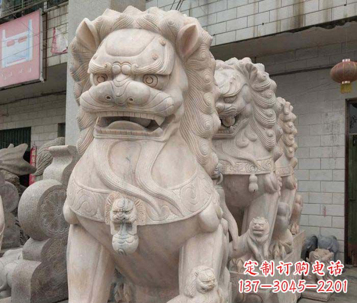 大同寺庙景观晚霞红狮子石雕