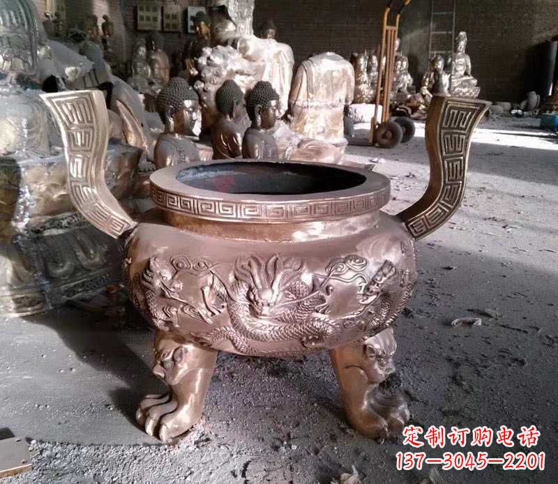 大同寺庙龙浮雕圆铜雕香炉