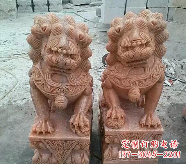 大同晚霞红传统狮子石雕