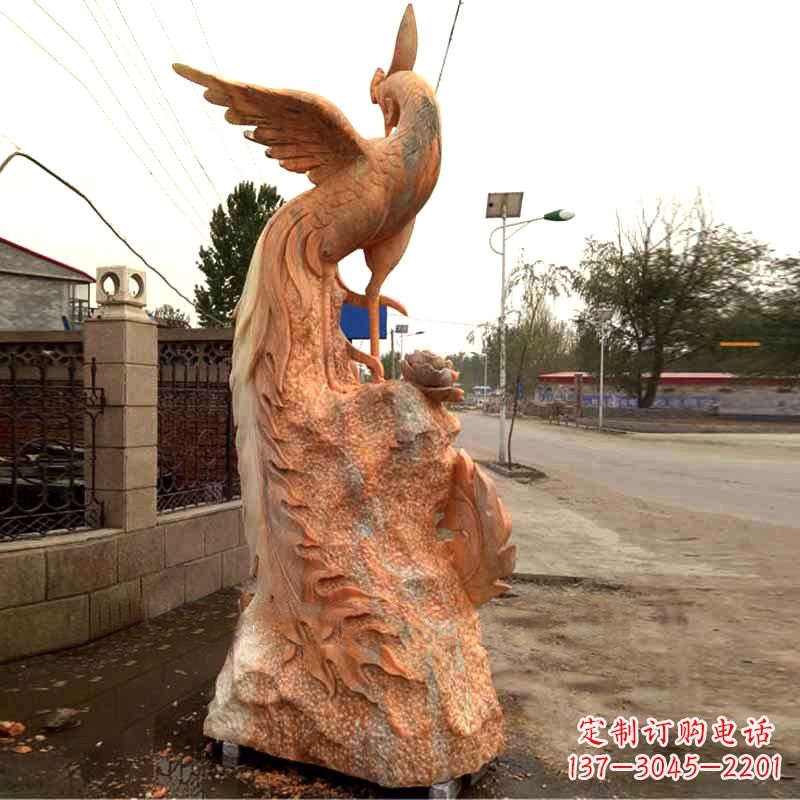 大同晚霞红大理石瑞鸟凤凰雕塑