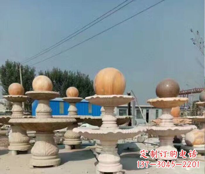 大同晚霞红多层风水球喷泉石雕
