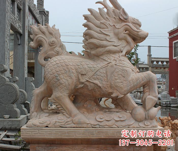 大同晚霞红古代神兽麒麟石雕