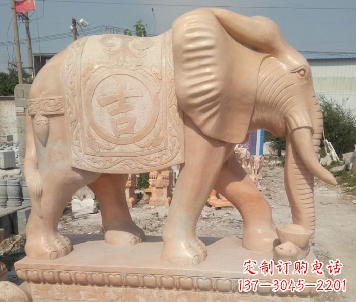大同晚霞红吉祥如意门口大象石雕 (2)