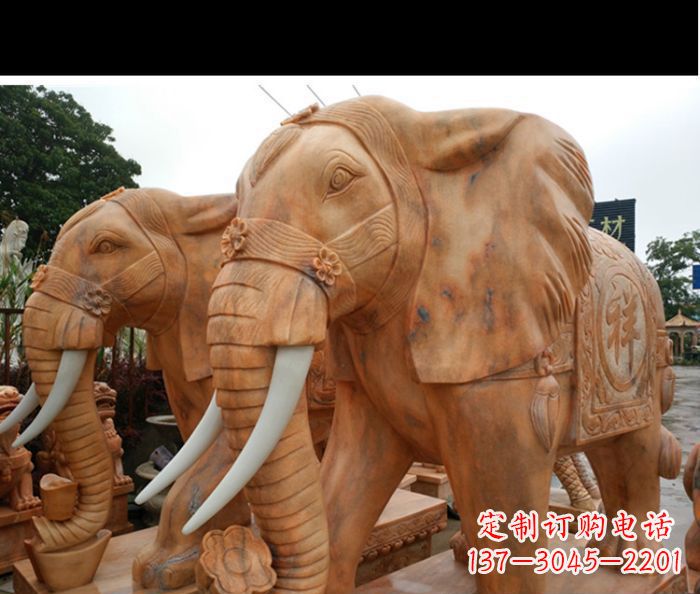 大同晚霞红吉祥如意门口镇宅招财大象石雕 (3)