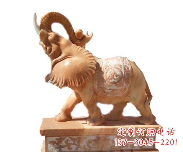 大同晚霞红吉祥如意象鼻朝天的大象石雕