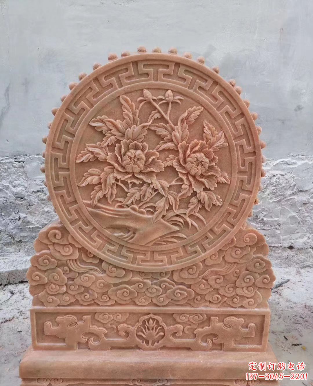 大同晚霞红牡丹花浮雕石门墩