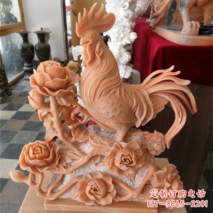 大同晚霞红石雕公鸡雕塑