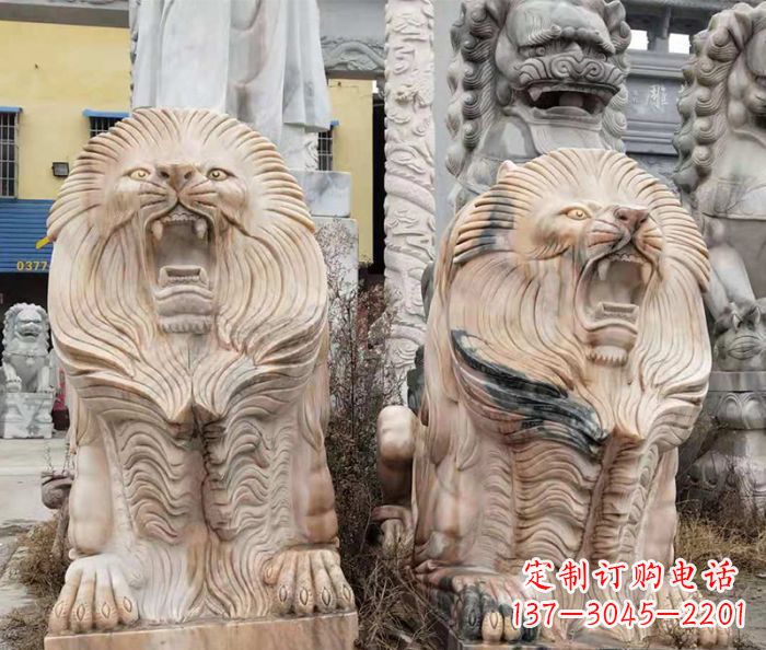 大同晚霞红石雕欧式石狮子