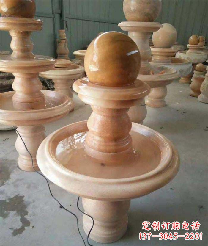 大同晚霞红双层风水球别墅喷泉石雕