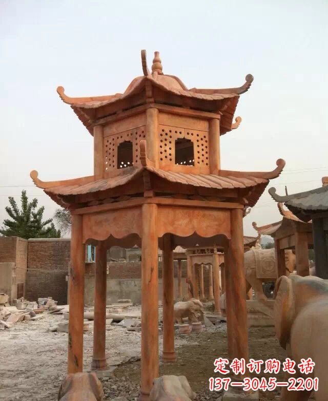 大同晚霞红双层凉亭石雕
