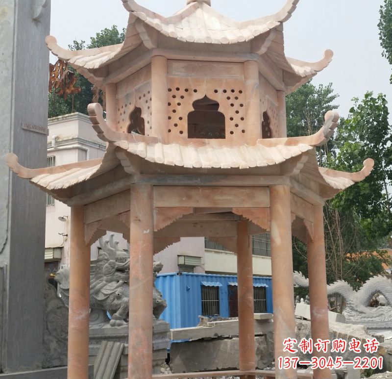 大同晚霞红双层六角凉亭石雕 (2)