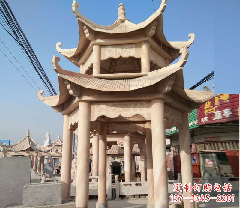 大同晚霞红双层六角凉亭石雕 (3)