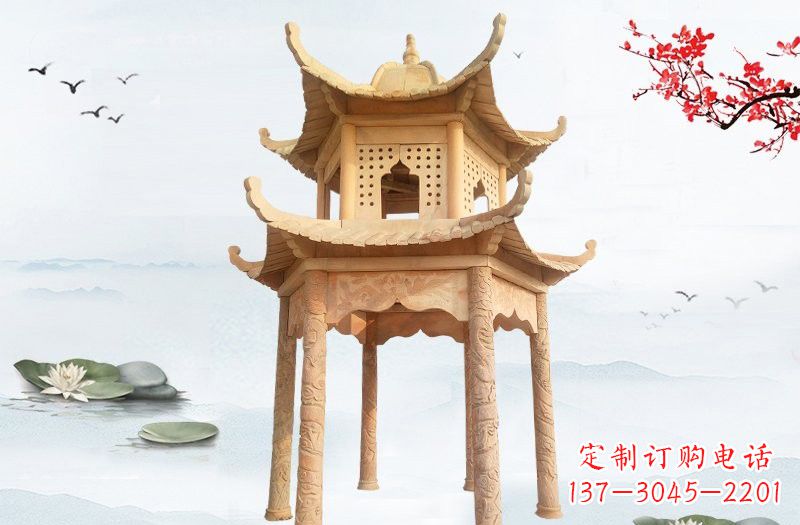 大同晚霞红双层六角凉亭石雕