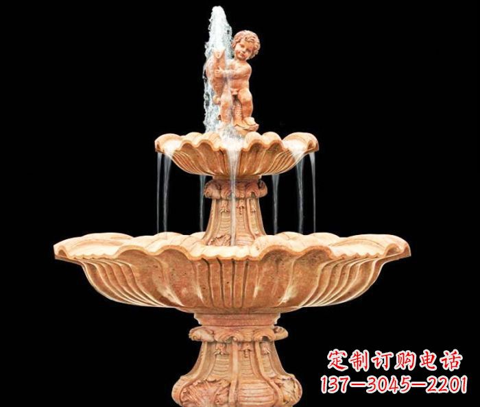 大同晚霞红小孩抱鱼石雕喷泉