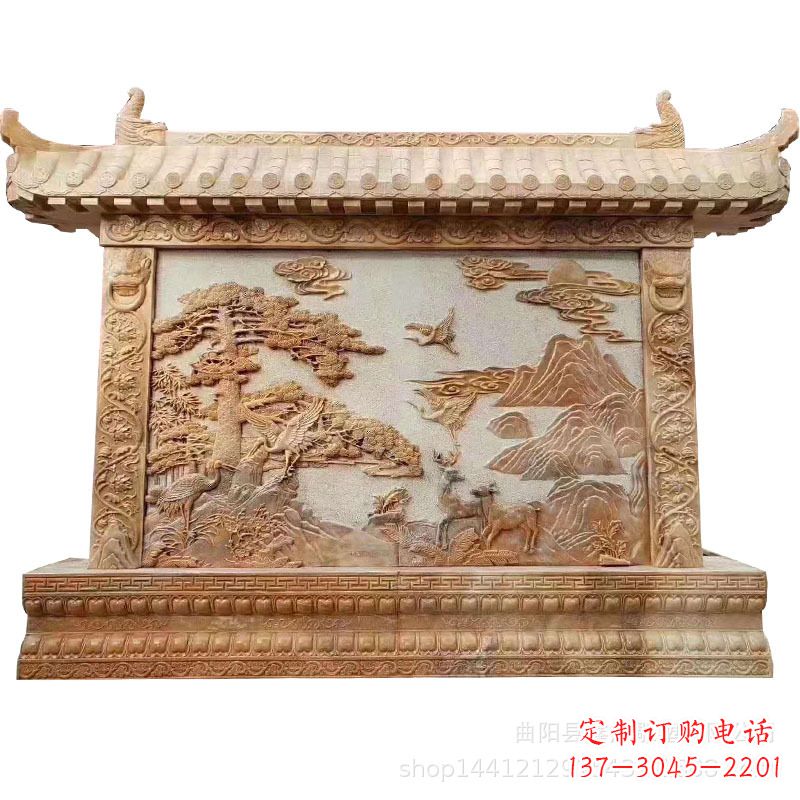 大同晚霞红迎客松石雕影壁