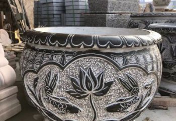 大同青石仿古荷花水缸雕塑