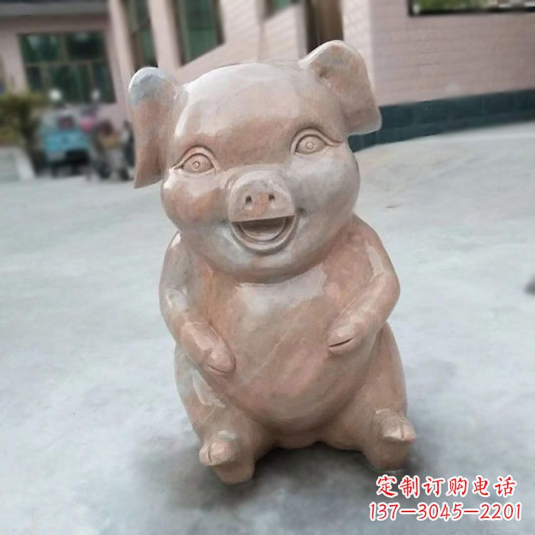 大同喜庆的石雕猪-晚霞红大理石生肖动物雕塑