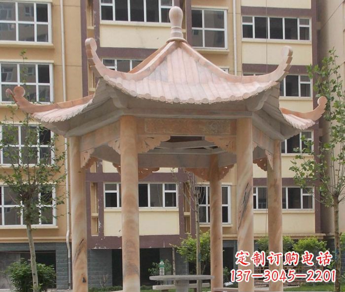 大同小区晚霞红六角凉亭石雕