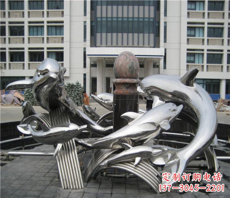 大同校园不锈钢海豚海浪雕塑