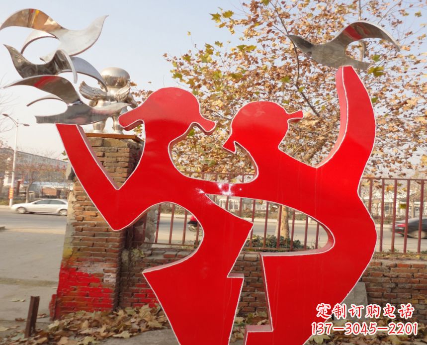 大同校园不锈钢剪影人物和和平鸽雕塑