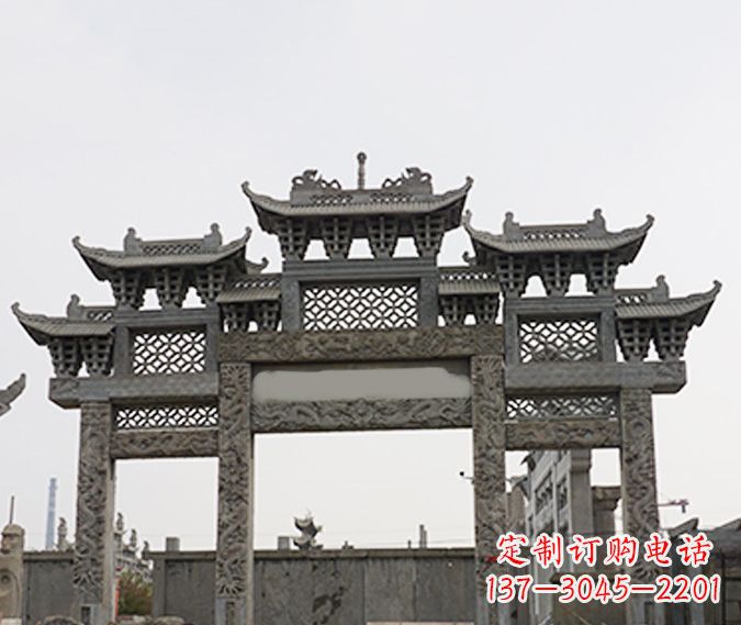 大同园林仿古三门牌坊石雕 (4)