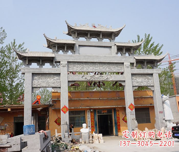 大同园林仿古三门牌坊石雕 (5)