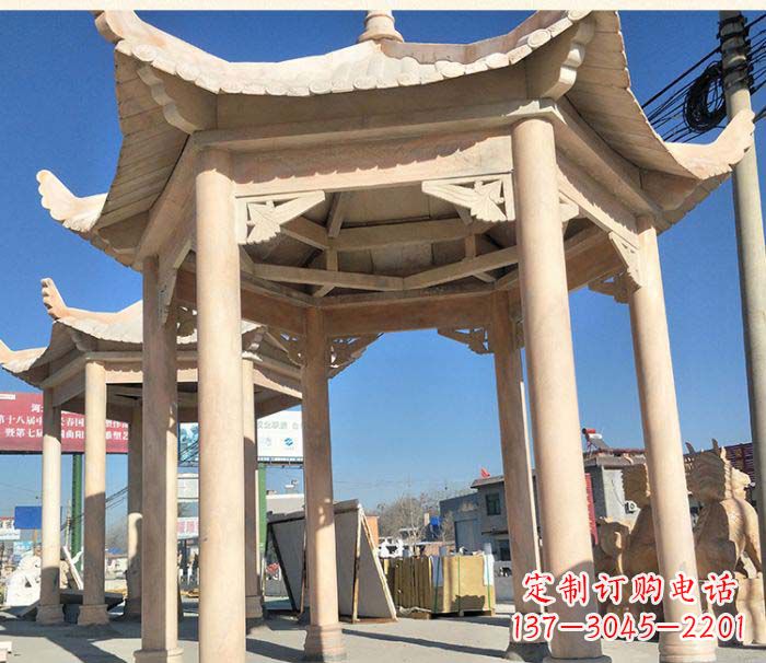 大同园林景观晚霞红六角石雕凉亭 (2)