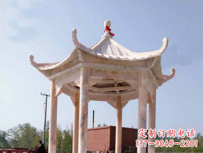大同园林景观晚霞红六角石雕凉亭