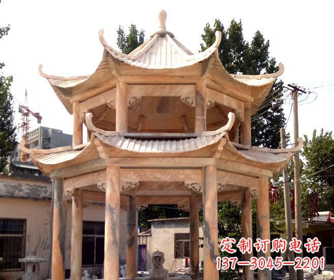 大同园林景观晚霞红双层石雕凉亭