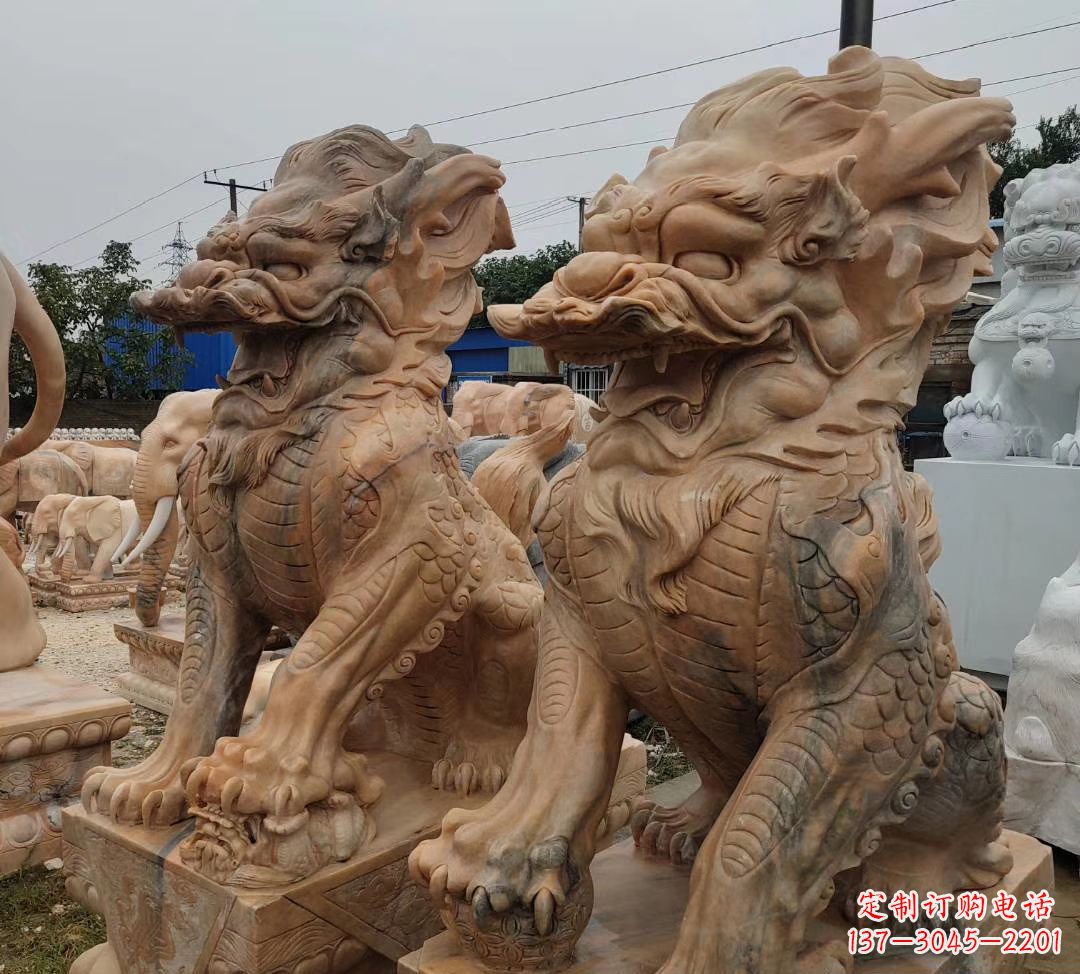 大同园林晚霞红古代招财神兽麒麟石雕