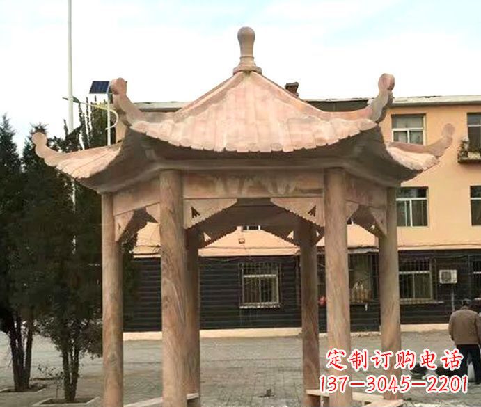 大同园林晚霞红六角石雕凉亭
