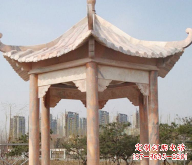 大同园林晚霞红六角石凉亭景观石雕