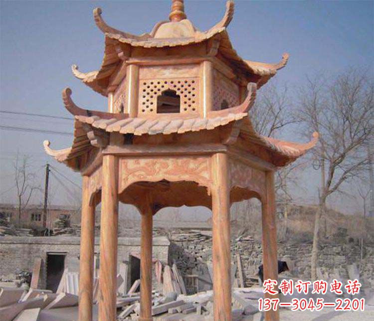 大同园林晚霞红石凉亭景观石雕