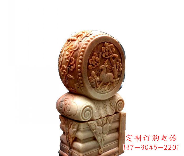 大同招财石门墩晚霞红抱鼓石