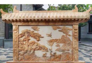 大同园林景观晚霞红松鹤石浮雕影壁