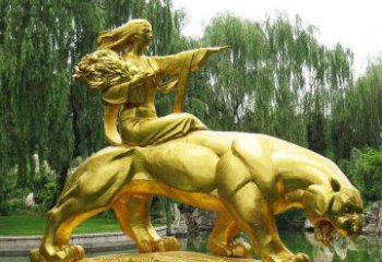 大同园林骑老虎的美女人物鎏金景观铜雕