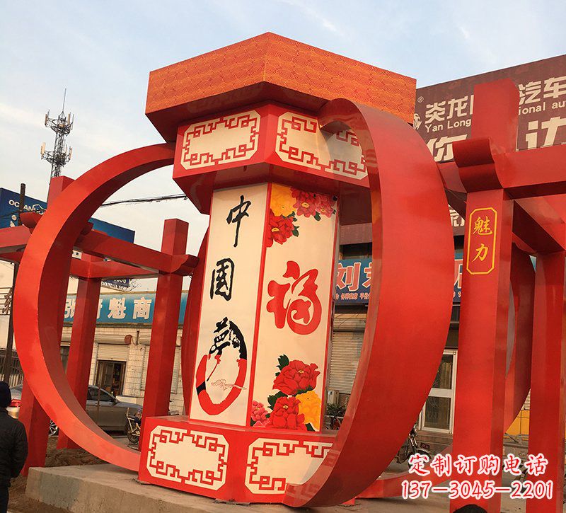 大同公园广场摆放不锈钢中国梦灯笼雕塑