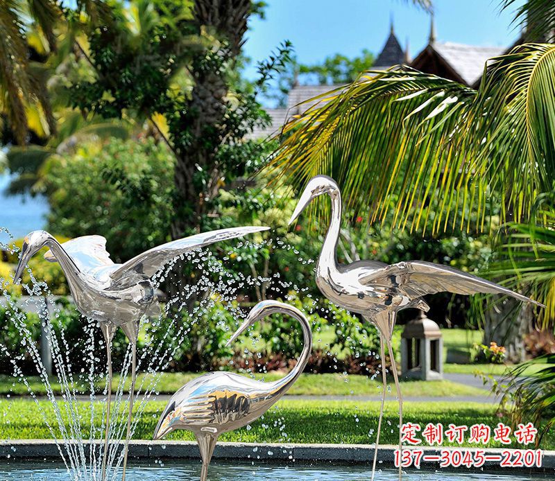 大同鹤雕塑-公园池塘不锈钢镜面抽象喷泉中的鹤雕塑
