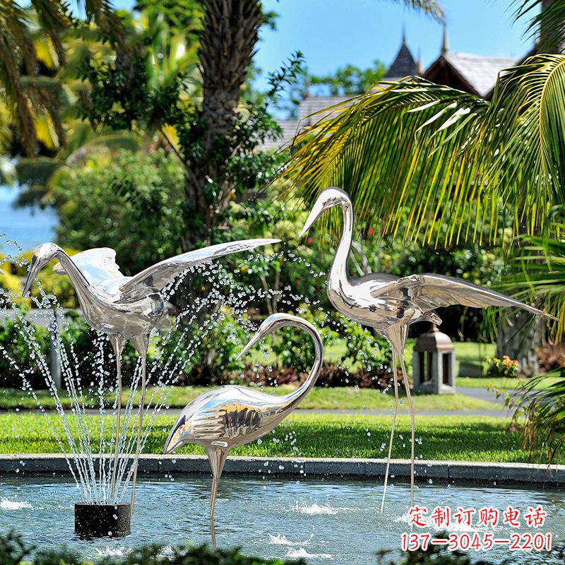 大同仙鹤雕塑-公园池塘不锈钢喷泉中的仙鹤雕塑