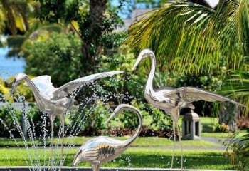大同仙鹤雕塑-公园池塘不锈钢喷泉中的仙鹤雕塑